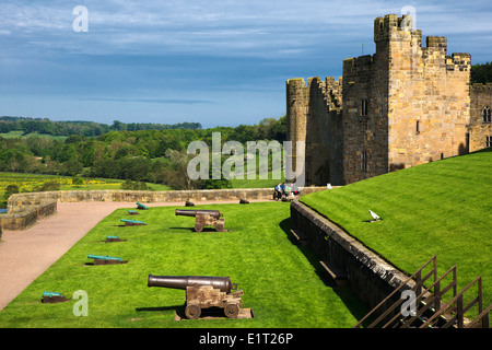 Canons in the gun terrace at Alnick Castle, where Harry Potter was filmed. Stock Photo