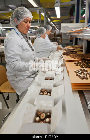 Workers at the Swiss chocolate factory of Lindt & Spruengli in Zurich / Kilchberg are sorting and packaging chocolate candies. Stock Photo