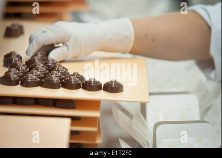 Workers at the Swiss chocolate factory of Lindt & Spruengli in Zurich / Kilchberg are sorting and packaging chocolate candies. Stock Photo