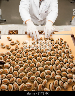 Workers at the Swiss chocolate factory of Lindt & Spruengli in Zurich / Kilchberg are sorting and packaging chocolate candies. Stock Photo