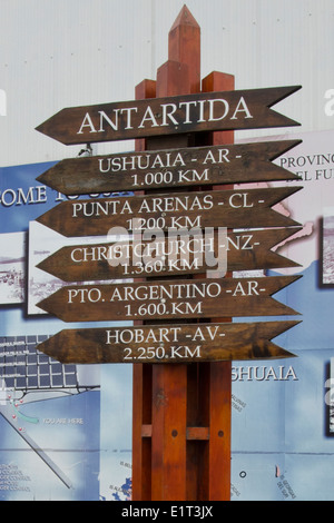 Sign at Ushuaia, capital of Tierra del Fuego, Antártida e Islas del Atlántico Sur Province, Argentina Stock Photo