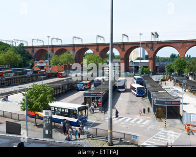 Bus station with viaduct in Stockport Cheshire UK Stock Photo