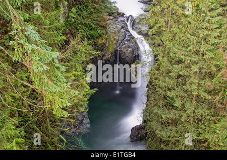Waterfalls visible from the suspension bridge at Lynn Canyon in North Vancouver, British Columbia, Canada Stock Photo