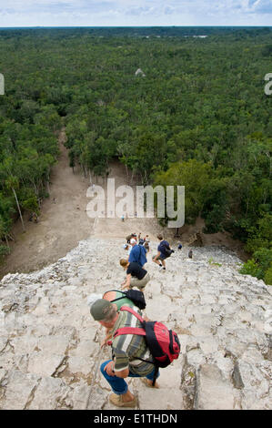 Descending Nohoch Mul pyramid, Coba, Quintana Roo, Mexico Stock Photo