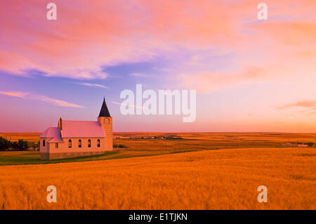 mature, harvest ready wheat field with church in the background, Admiral, Saskatchewan, Canada Stock Photo