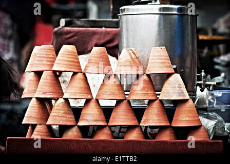 Clay cups at a tea stall in the streets of Kolkata, India Stock Photo