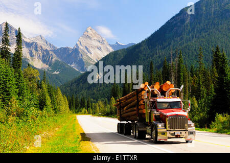 A logging truck hauls goods along the Trans Canada Highway in Glacier National Park Stock Photo