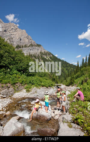 Two young families rest in stream on Mountain Lakes Trail near Fernie, BC, Canada. Stock Photo