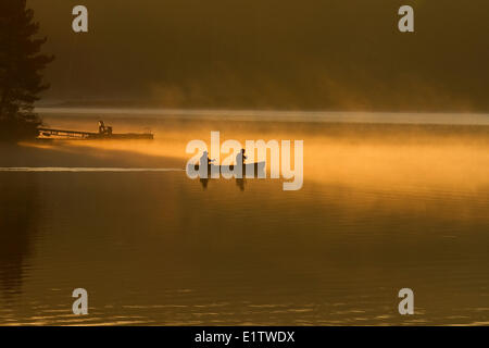 Two men paddle canoe at sunrise on Oxtongue Lake, Muskoka, Ontario, Canada. Stock Photo