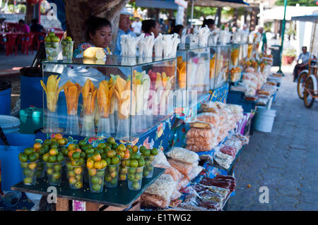 Fresh fruit for sale at an outdoor market in Playa del Carmen, Mexico.