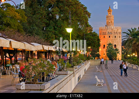Torre del Oro (Tower of Gold) which also houses the Museo Maritimo (Naval Museum) and an outdoor cafe along Paseo Alcalde Marque Stock Photo