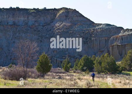 A male mountain biker enjoys the beautiful singletrack of the Maah Daah Hey Trail, North Dakota Stock Photo