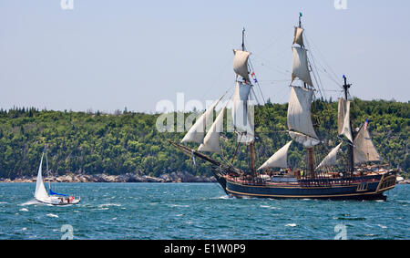 Sailing ship Bounty departs Halifax Harbour as a sailboat races alongside during the Parade Sail conclusion the 2012 Tall Ships Stock Photo