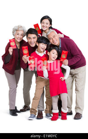 Big family with red pockets in Chinese New Year Stock Photo