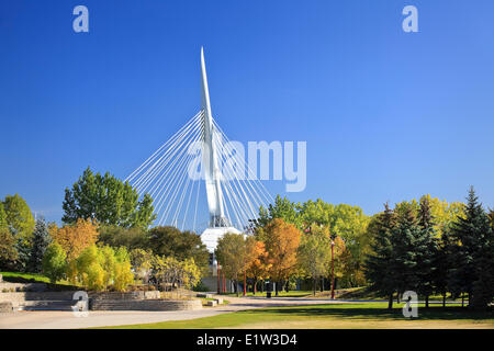Esplanade Riel Bridge in autumn, The Forks, Winnipeg, Manitoba, Canada Stock Photo