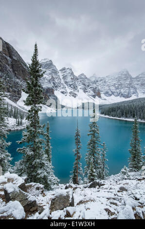 Moraine Lake and the Valley of the Ten Peaks after a snow storm. Banff National Park, Alberta, Canada.