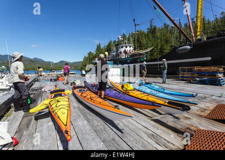 The Uchuck 111 deposits a group of kayakers at Port Eliza on the British Columbia coast of Canada.No Release Stock Photo