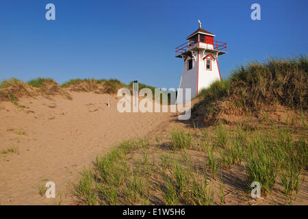 Lighthouse on sand dunes at Cape Stanhope. Covehead Harbour, Prince Edward Island, Canada Stock Photo