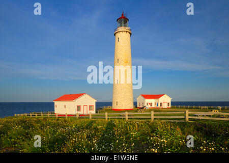 Cap-des-Rosiers Lighthouse at the entrance of the Gulf of St. Lawrence, Quebec, Canada Stock Photo