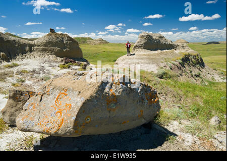 Hiking in the Killdeer Badlands, East Block, Grasslands National Park, Saskatchewan, Canada Stock Photo