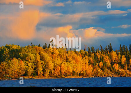 Pakwash Lake in autumn at sunset,  Pakwash Lake Provincial Park, Ontario, Canada Stock Photo