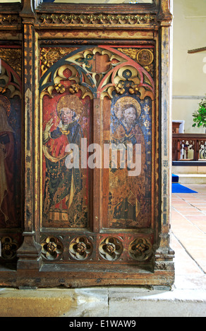 Panel detail of the rood screen in the parish church of St John the Baptist at Trimingham, Norfolk, England, United Kingdom. Stock Photo