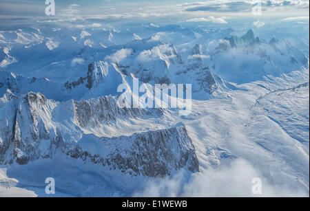 Aerial view the Ogilvie Mountains in Tombstone Territorial Park Yukon. Snow covered mountains are seen up the north Klondike Stock Photo