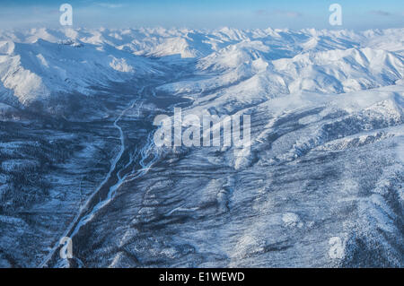 Aerial view of the Dempster Highway and the Ogilvie Mountains, northern Yukon. Stock Photo