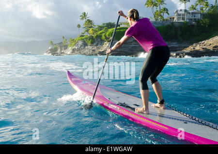 A woman paddles on her stand-up paddleboard off the cliffs of Honolulu, Oahu, Hawaii Stock Photo