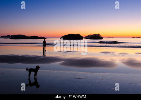 Visitors at sunset in sillouette, MacKenzie's Beach, Tofino, British Columbia, Canada Stock Photo