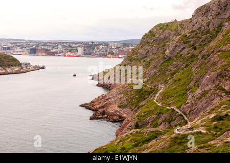 Signal Hill hiking trail and a view of downtown St. John's, Newfoundland. Stock Photo