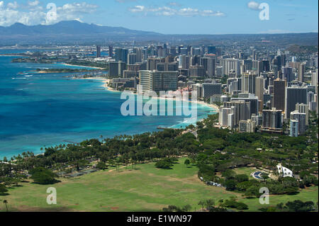 View of Waikiki tourist area of Honolulu from Diamond Head mountain Stock Photo