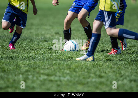 Teenage soccer action, fighting for possession. Calgary, Alberta, Canada Stock Photo