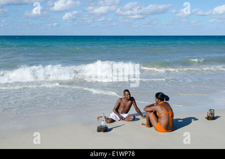 Young cuban couple on beach, Guanabo, Playas del este,  near Havana, Cuba Stock Photo