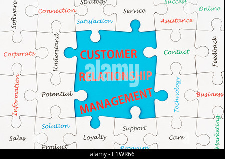Customer relationship management concept word cloud on group of jigsaw puzzle pieces Stock Photo