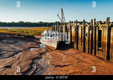 Fishing boat stranded on the mud flats at low tide in Minas Basin.  Bay of Fundy.  Delhaven, Nova Scotia. Canada. Stock Photo