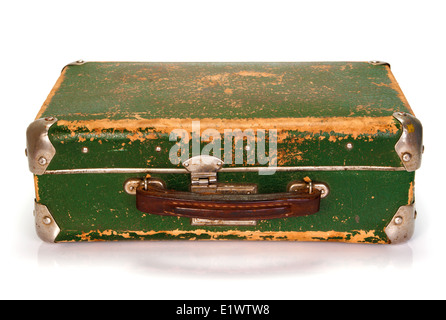 Old green shabby suitcase isolated on white Stock Photo