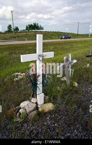 Roadside memorial crosses near Cochrane, Alberta, Canada. Stock Photo