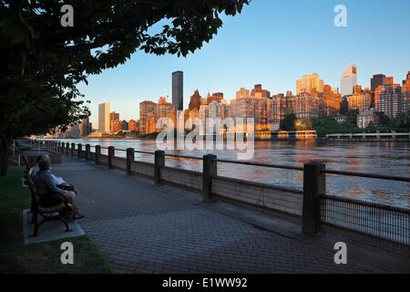 Lower East Side of midtown Manhattan at dawn as seen from Roosevelt Island. In the foreground is the East River, New York City, Stock Photo