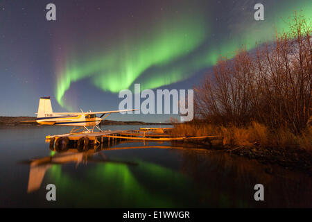 Giant Mine townsite and Aurora Borealis, Northwest Territories, Canada Stock Photo