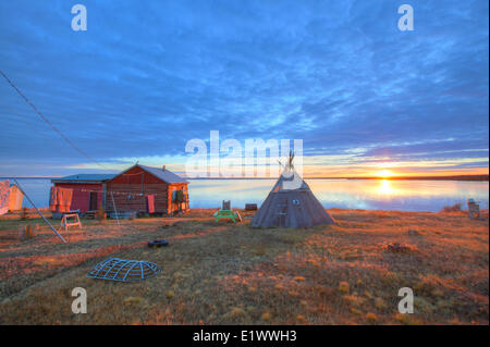 Giant Mine townsite and Aurora Borealis, Northwest Territories, Canada Stock Photo