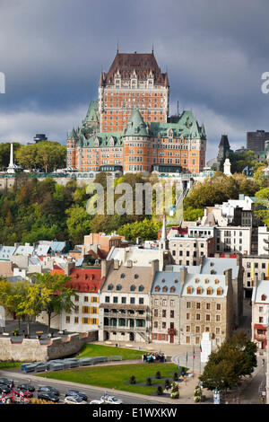 Upper and lower towns of Old Quebec City, Province of Quebec, Canada. Standing prominently in the upper town is Chateau Frontena Stock Photo