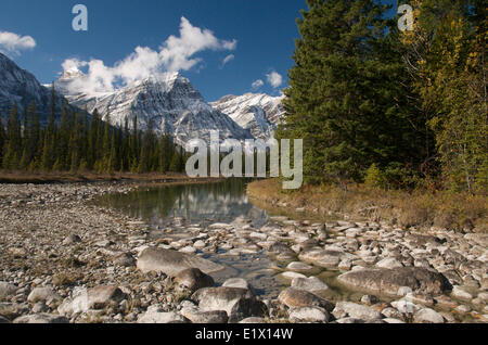 Scenic of Rocky Mountains along Hwy. 93 and Athabasca River, Jasper National Park, Alberta, Canada. Stock Photo