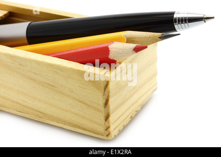 Pen and pencils in the box on a white background Stock Photo