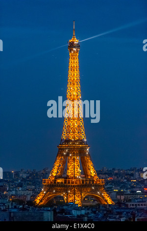 Paris - September 1: Eiffel Tower at dusk as seen from the Arc de Triomphe on September 1, 2013 in Paris, France