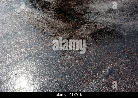 Wet asphalt background with reflections of the sun during a day after heavy rain Stock Photo