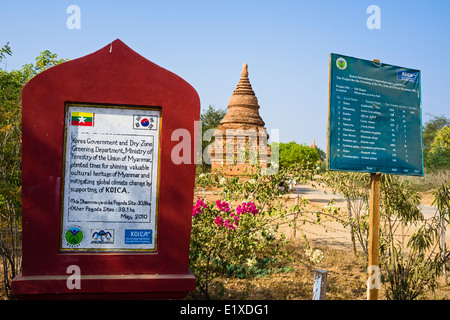 Memorial stone to reafforestation project, Bagan, Myanmar, Asia Stock Photo