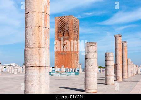 View of the Hassan Tower and the remains of the Hassan Mosque's prayer hall in the city of Rabat in Morocco. Stock Photo