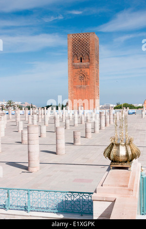 View of the Hassan Tower and the remains of the Hassan Mosque's prayer hall in the city of Rabat in Morocco. Stock Photo