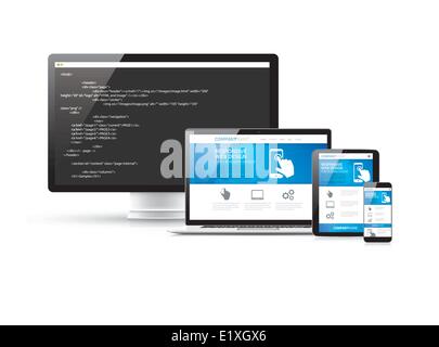 Coding websites to modern responsive electronic devices concept Stock Vector